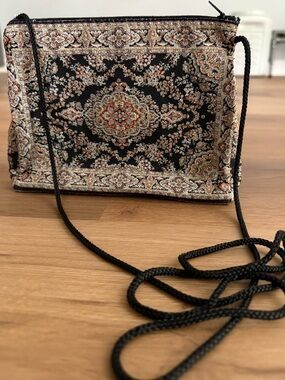 Turkish Woven Tapestry Crossbody Persian Rug Pattern in Black Derin Collection